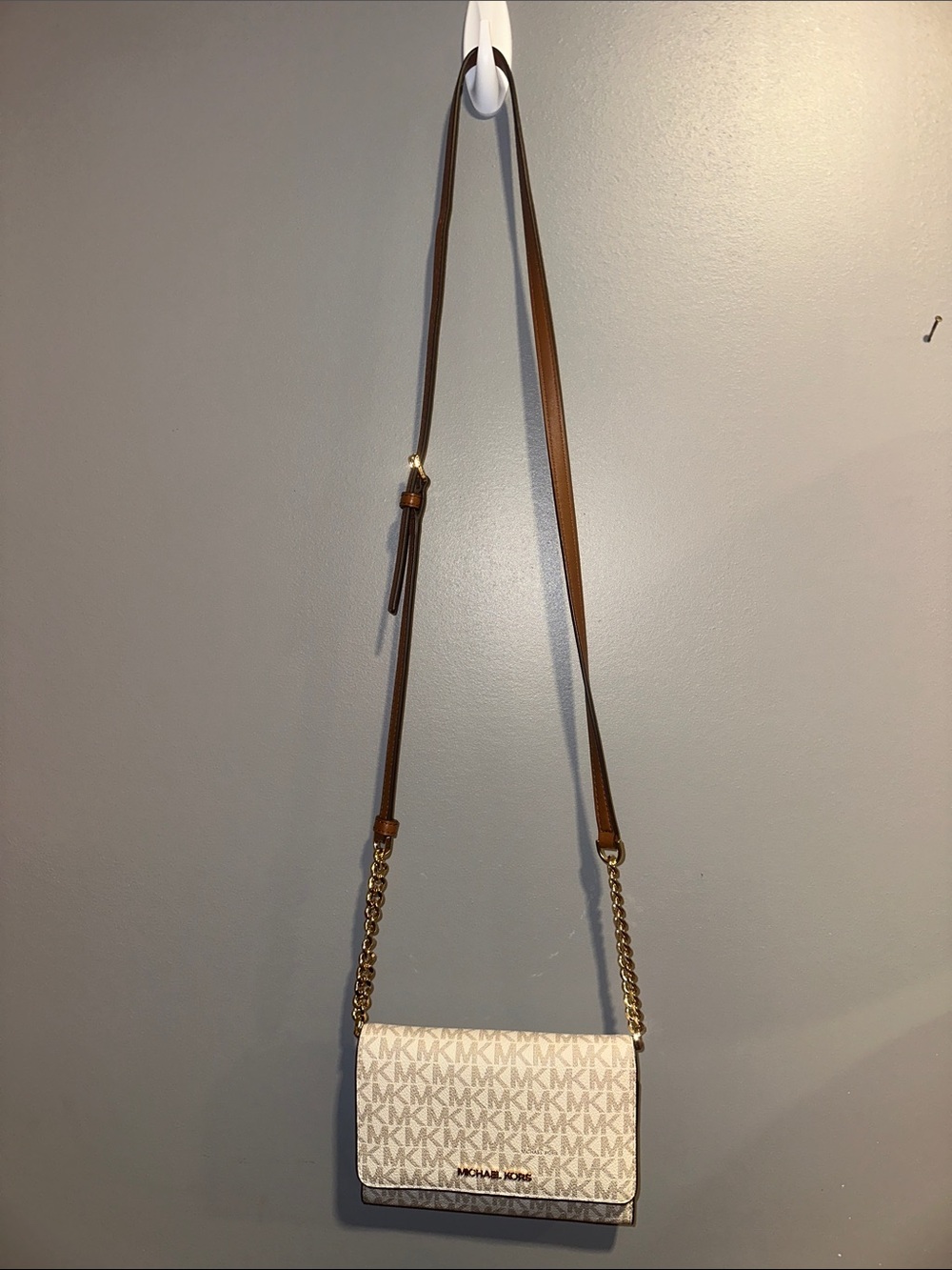 Michael Kors White Beige Logo Crossbody with Brown Strap
